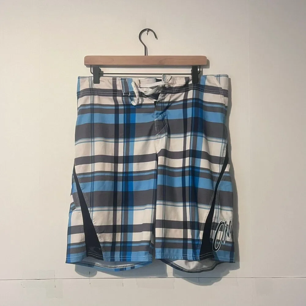 Oneill Mens Board Shorts Size 33 Multicolor Plaid Superfreak Trunks Embroidered